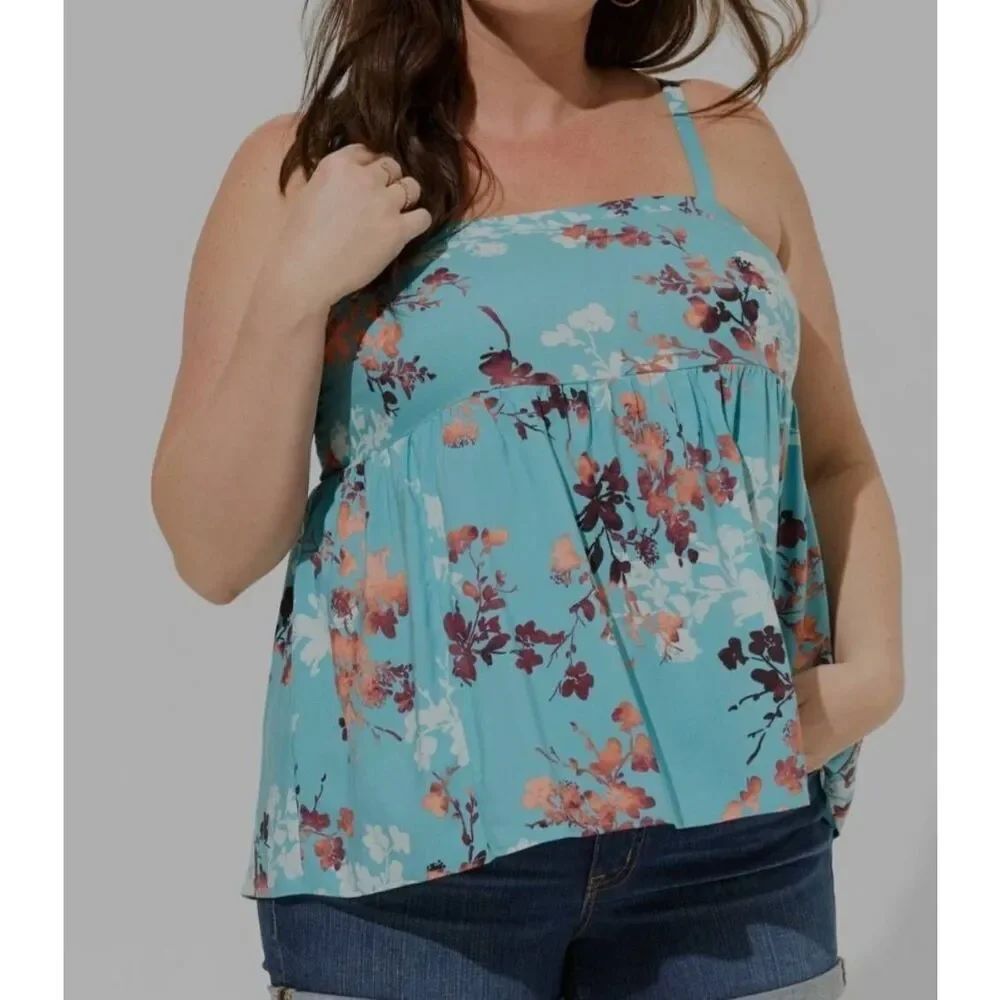 Torrid Babydoll Challis Square Neck Tank Floral Still Water Size 1